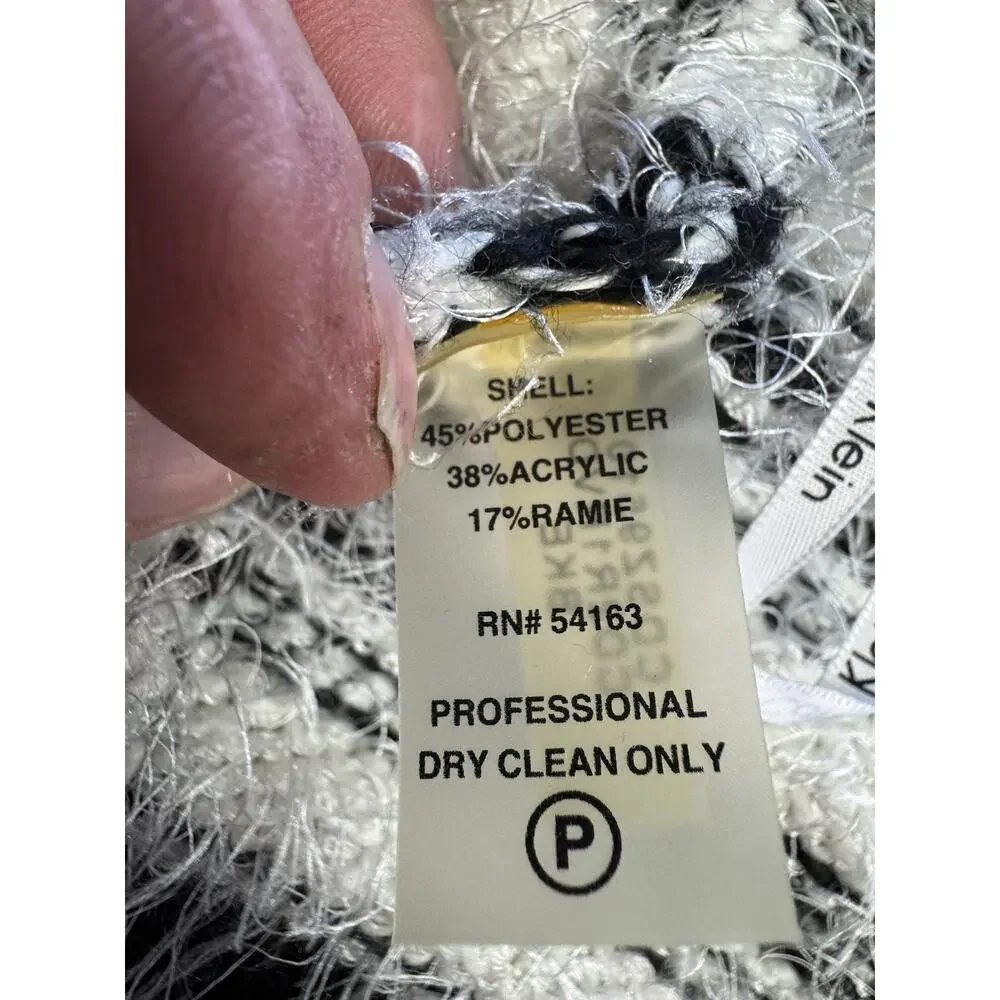 Calvin Klein Womens Sz M Black White Striped Open Front Fuzzy Cardigan Sweater